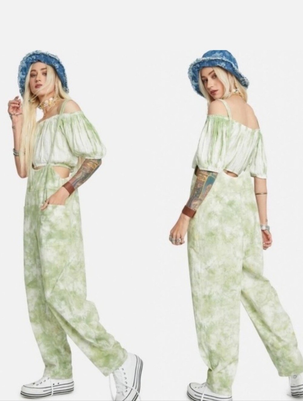 Free People Stroll In Kyoto Green Succulent Tie-Dye Jumpsuit Set Women's Size XL